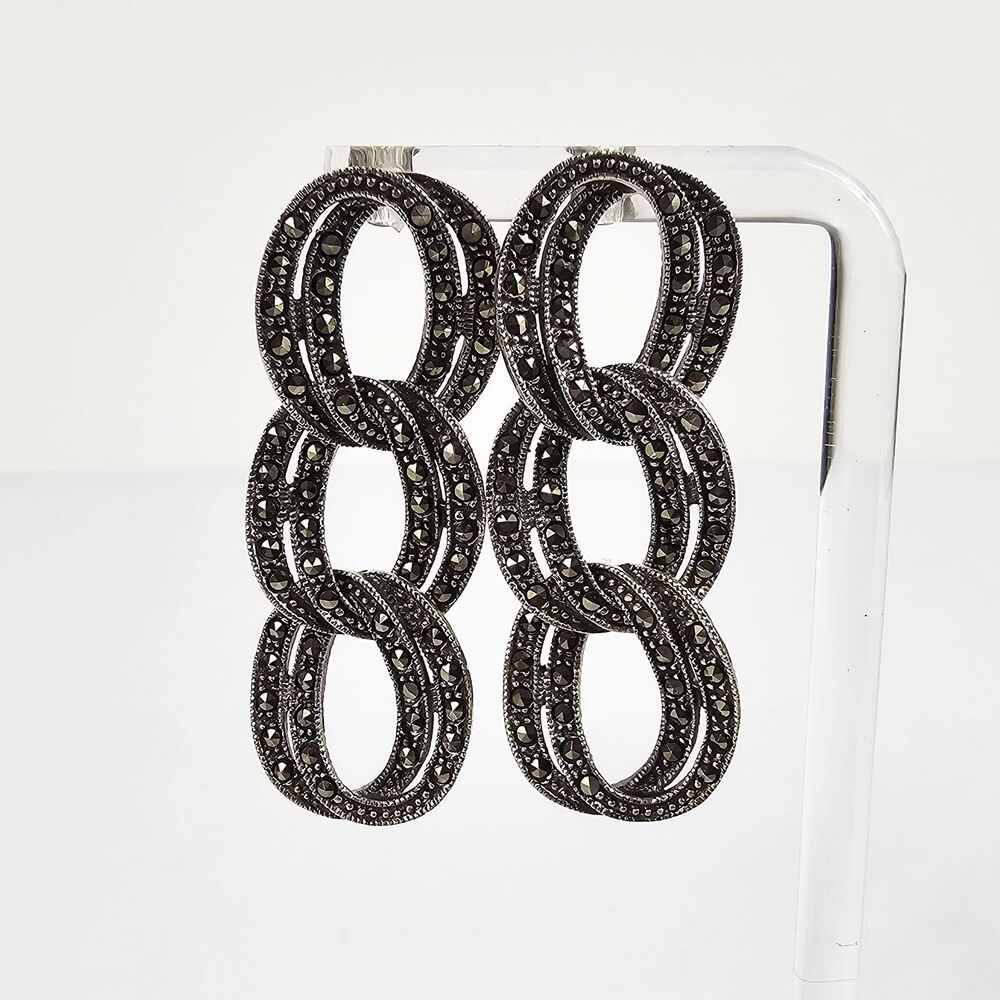Vintage Sterling Silver Chain Link Style Marcasite Earrings